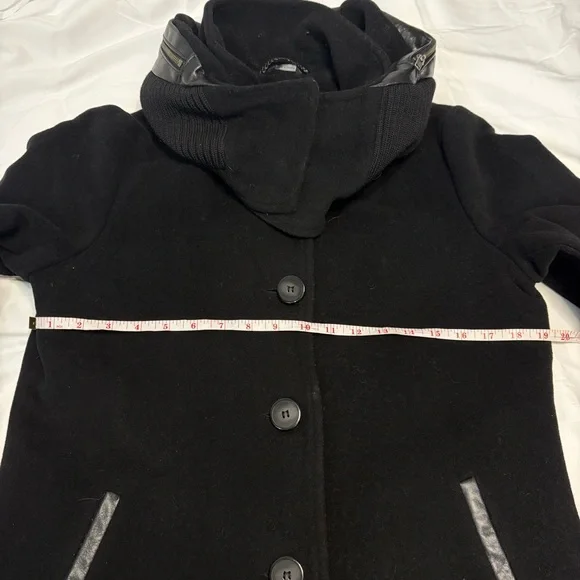 Mackage Wool Cashmere Coat Black Leather Trim Removable Collar Hood Size L - Picture 3 of 15